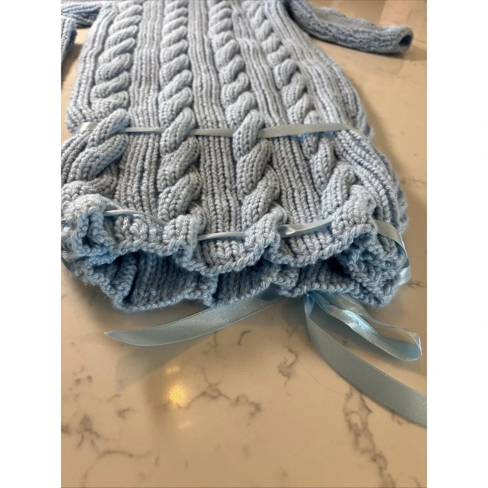 Handknit Baby‎ Sweater Sack Cable Knit Zipper Ribbon Matching Bonnet Boy Blue